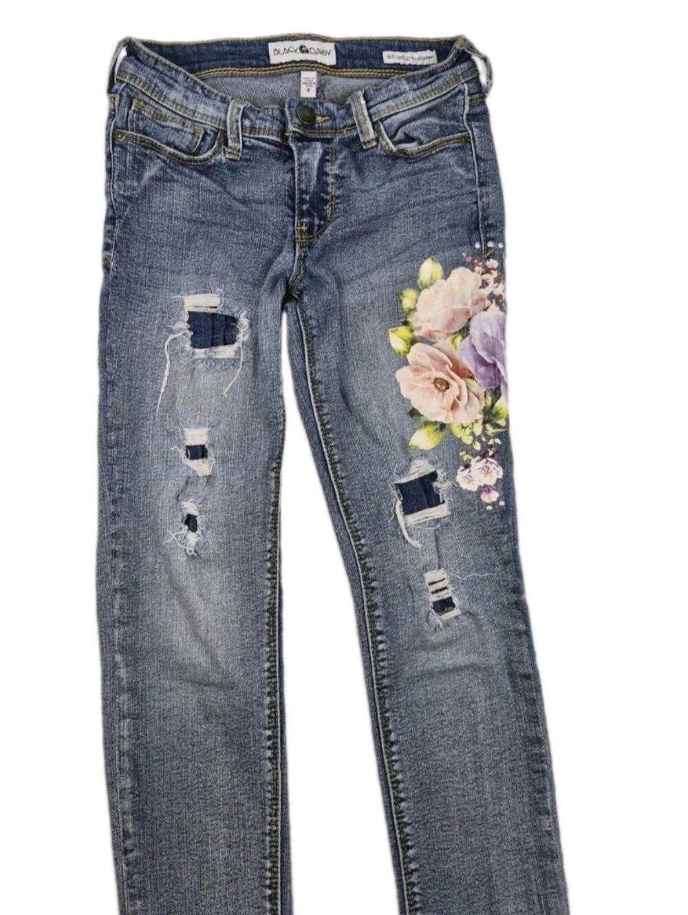 Black Daisy Jamie Relaxed Skinny Gitls Sz 8 Floral Embellish Sku0648